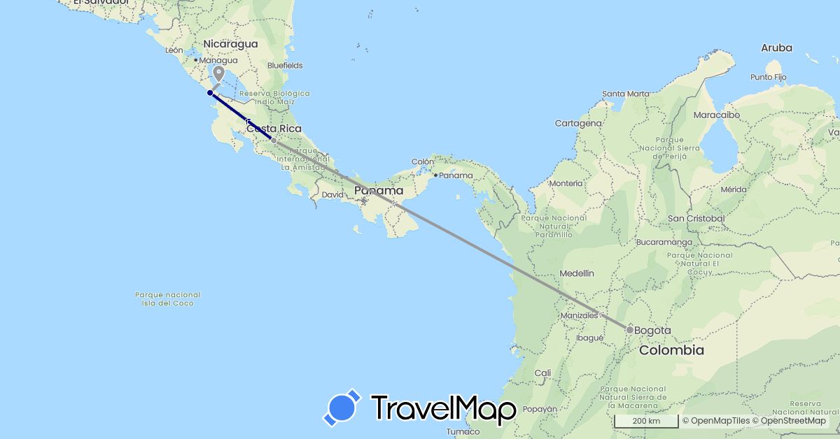 TravelMap itinerary: driving, plane in Colombia, Costa Rica, Nicaragua (North America, South America)